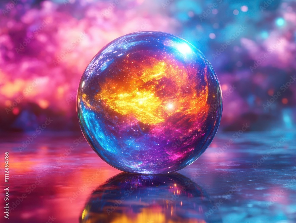 Show a mesmerizing crystal orb reflecting holographic wealth imagery amidst a surreal cosmic backdrop, using vibrant, psychedelic hues