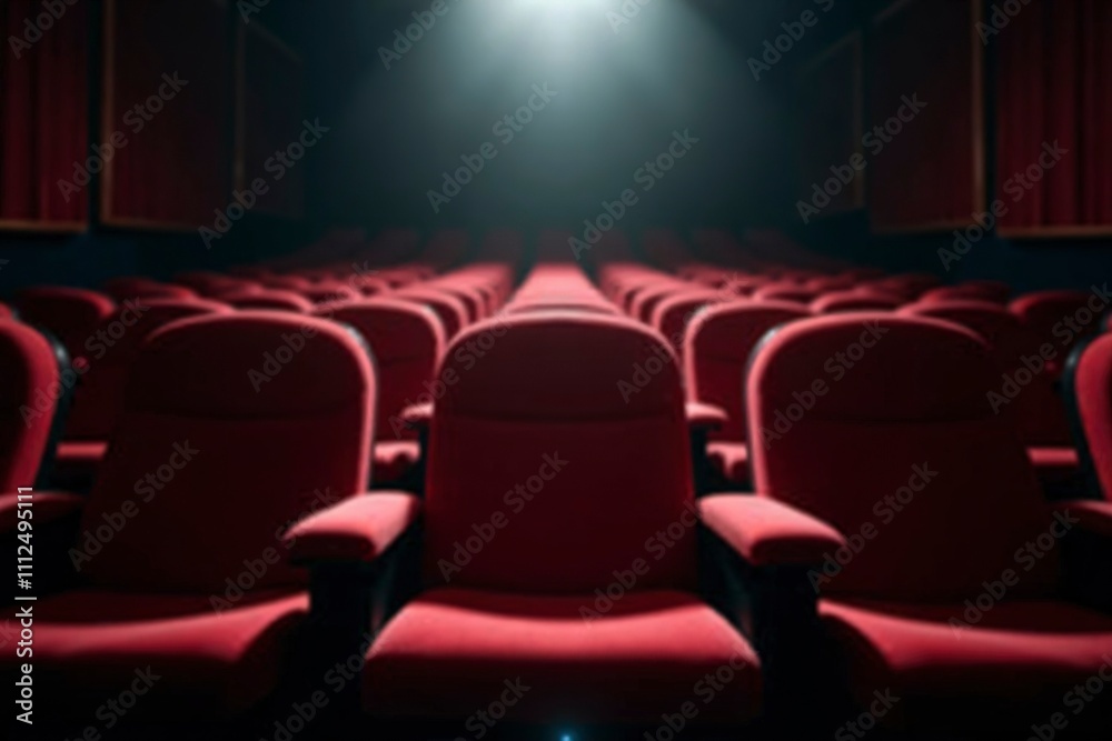 Obraz premium Empty movie theater with spotlight casting a solitary beam on the stage, symbolizing the power of imagination and the potential for new beginnings in a quiet, reflective space.