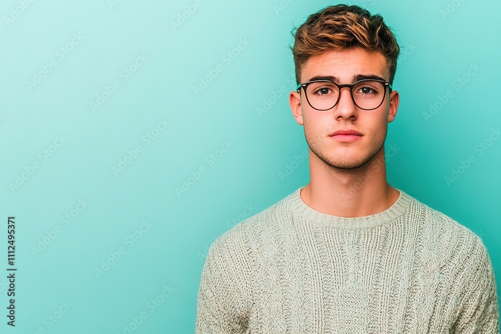 Young man in glasses on turquoise background, looking serious Young man in glasses on turquoise background, looking serious