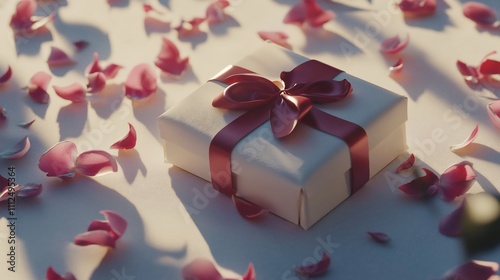 Romantic Gift Box Surrounded by Rose Petals in Soft Sunlight