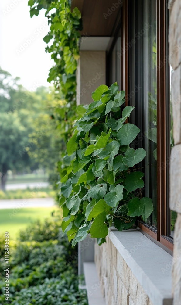 Lush green leaves climbing a building's exterior near a window. Lush green leaves climbing a building's exterior near a window.