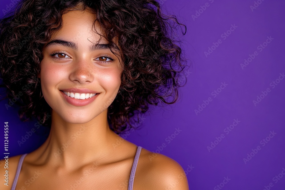 Smiling young woman with curly hair on purple background