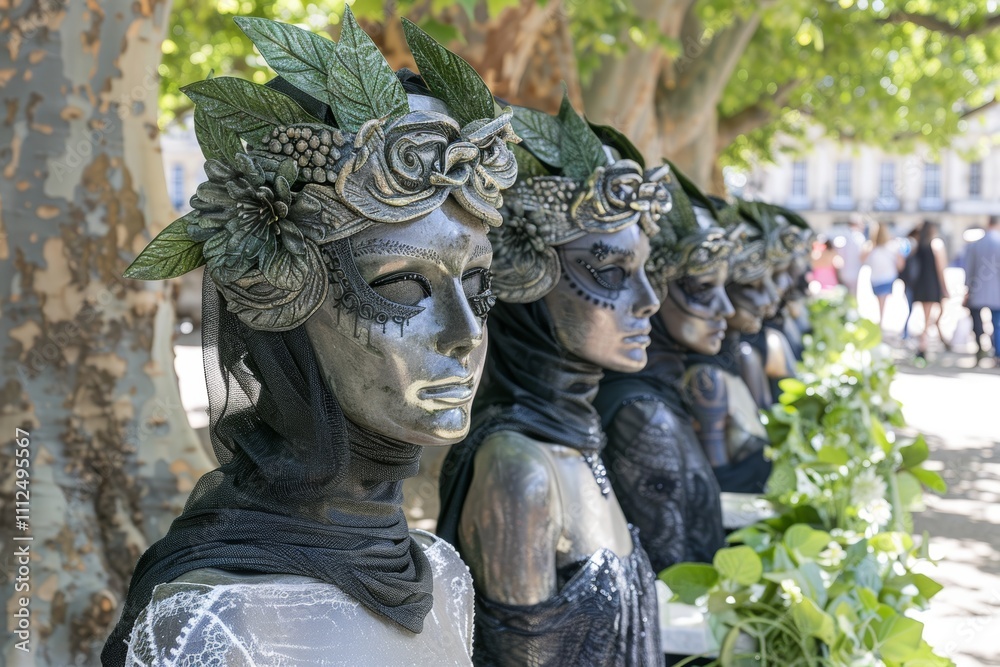 Fototapeta premium Silver mannequins adorned with foliage at the rag fair creating an enchanting atmosphere in the bustling marketplace
