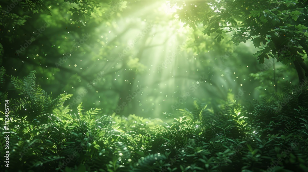 Sunbeams illuminate lush green forest, ferns, and trees.