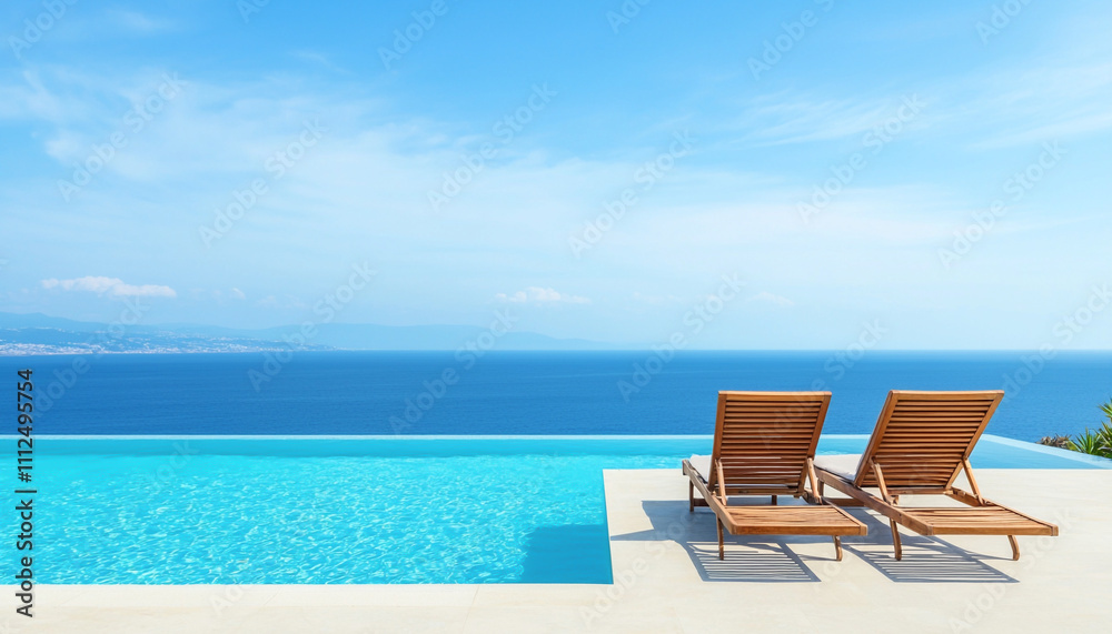 Serene infinity pool with ocean view and two lounge chairs under a blue sky. Perfect summer relaxation. Serene infinity pool with ocean view and two lounge chairs under a blue sky. Perfect summer relaxation.