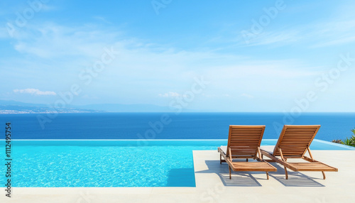 Serene infinity pool with ocean view and two lounge chairs under a blue sky. Perfect summer relaxation.