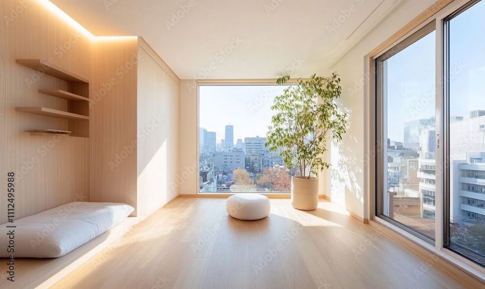 Minimalist interior with a view of the city and natural light. Minimalist interior with a view of the city and natural light.