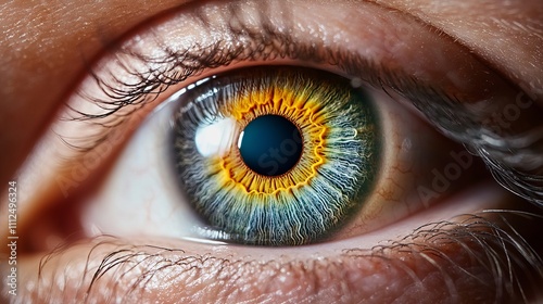 Close-up of a human eye with striking blue, yellow, and orange iris details, showcasing intricate patterns and vibrant colors for a captivating effect.