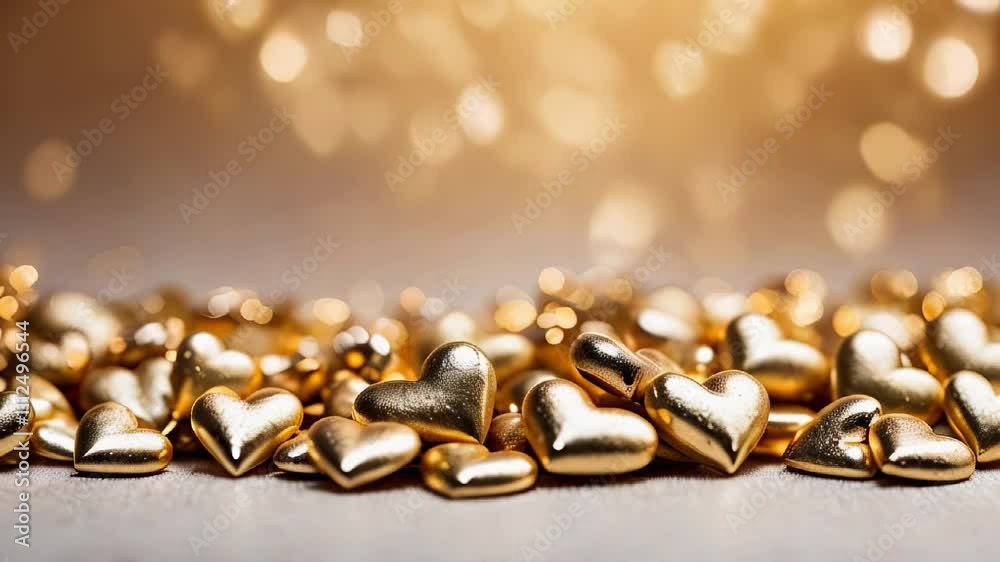 Close-up of golden heart decorations on a soft glowing bokeh background, creating a romantic and luxurious atmosphere. Valentines day. Video 4k Close-up of golden heart decorations on a soft glowing bokeh background, creating a romantic and luxurious atmosphere. Valentines day. Video 4k