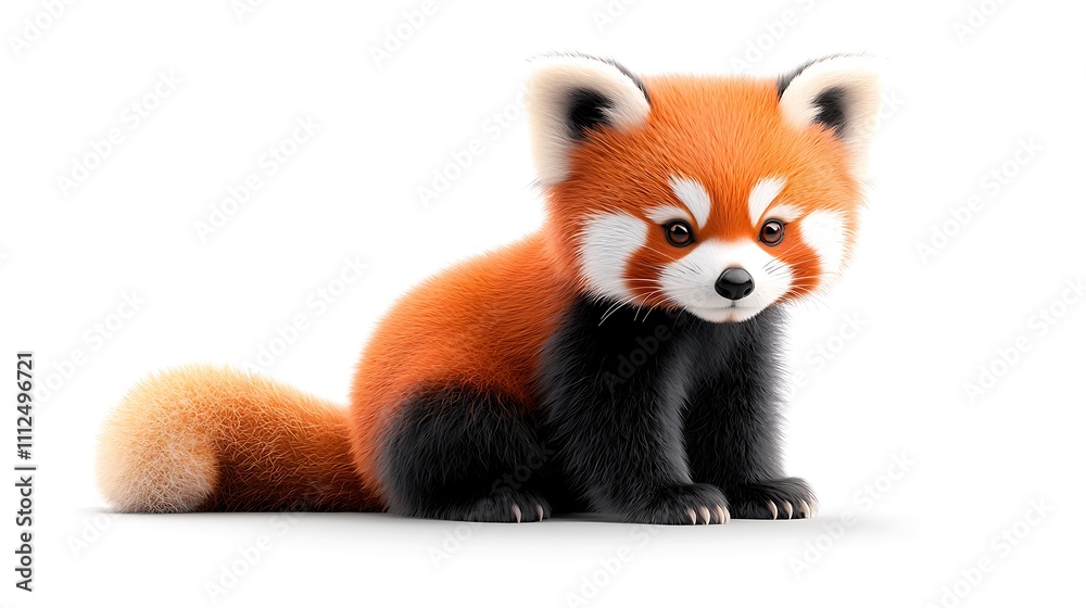 Obraz premium A striking red panda with vivid orange fur, sitting in a relaxed pose with its bushy tail curled around its body, isolated on a white background. Ultra-Realistic, Photo Realistic, highly detailed, 