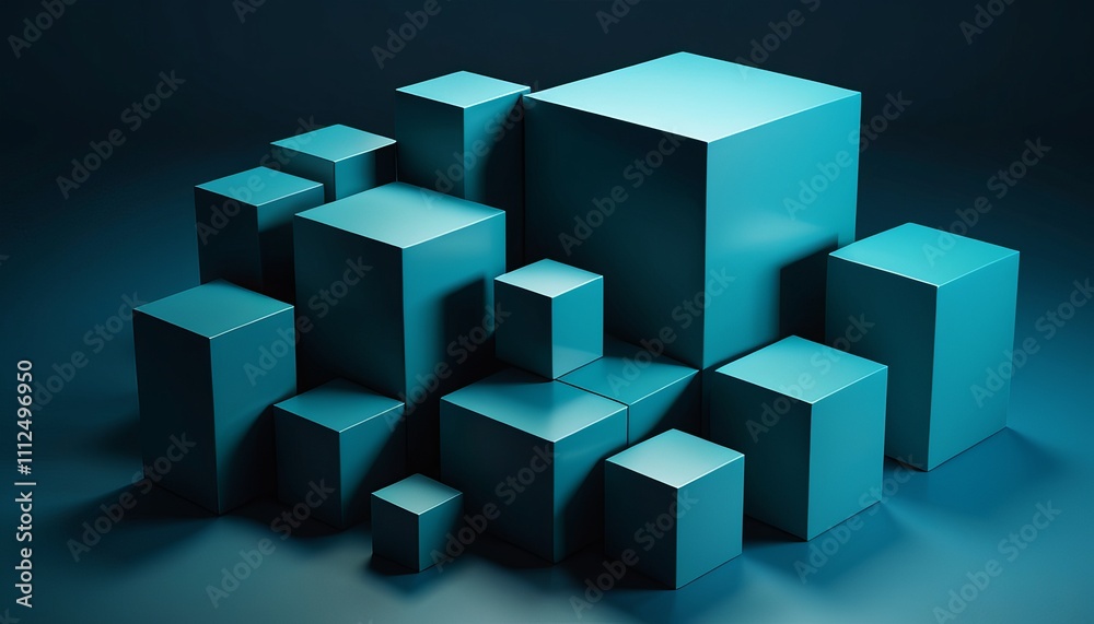 Abstract 3D Render With Stacked Blue Cubes And Gradient Lighting In A Modern Geometric Composition Abstract 3D Render With Stacked Blue Cubes And Gradient Lighting In A Modern Geometric Composition
