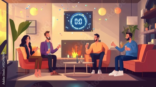 Celebration of Friendship in a Cozy Living Room with Four Friends Toasting Drinks Before New Year Countdown, Colorful Confetti and Warm Atmosphere