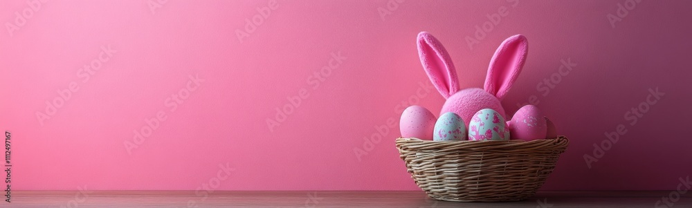 Pink bunny ears in a basket with eggs, pink background, easter holiday , space for text Pink bunny ears in a basket with eggs, pink background, easter holiday , space for text
