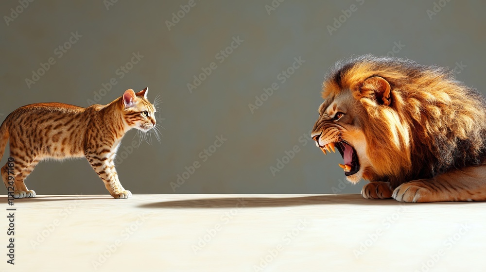 Obraz premium A fierce lion roars at a curious Bengal cat, showcasing a dramatic size difference and contrasting expressions in a bright, neutral setting.