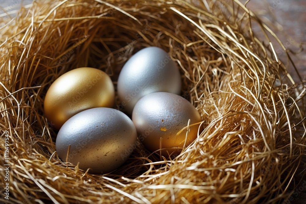 Gold and Silver Easter Eggs with Hand-Painted Designs Nestled Comfortably in a Nest Gold and Silver Easter Eggs with Hand-Painted Designs Nestled Comfortably in a Nest