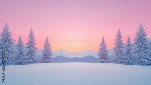 Picturesque Winter Landscape of Snowy Valley with Frosted Pines at Sunrise in Serene Mountain Setting with Pink Sky