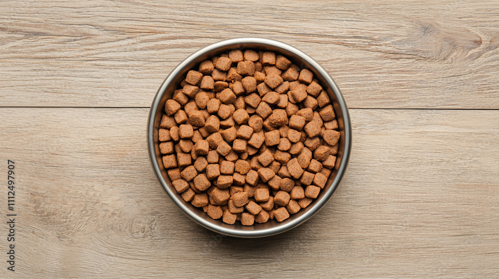 Top view of a bowl filled with dry pet food on a wooden table, perfect for animal care and pet nutrition concepts. Top view of a bowl filled with dry pet food on a wooden table, perfect for animal care and pet nutrition concepts.