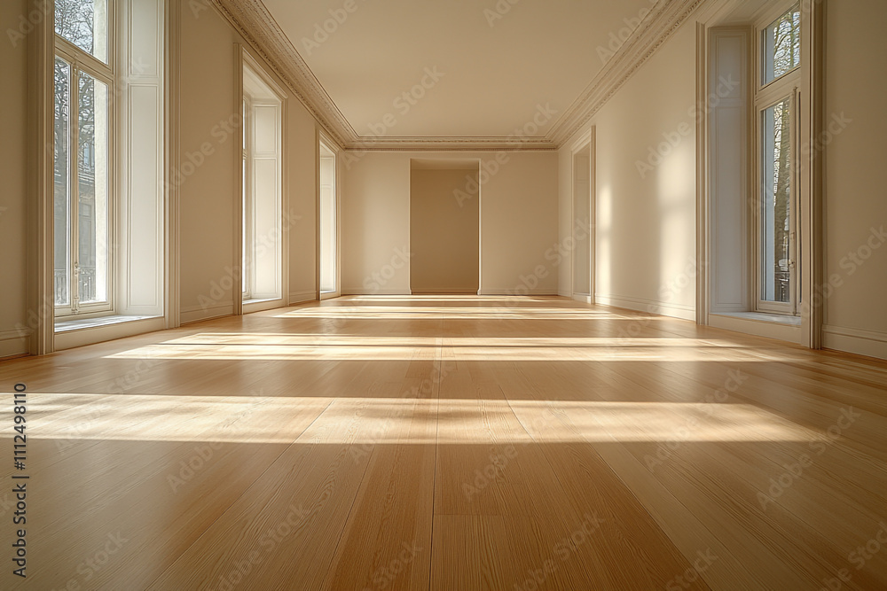 Obraz premium Sunlit Empty Room Hardwood Floor Large Windows