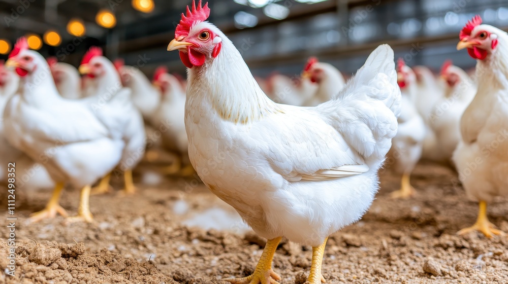 Fototapeta premium Close-up of a white chicken standing confidently in a free-range farm environment surrounded by other hens on dirt ground.