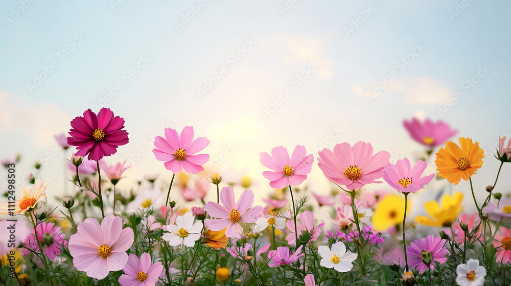 Vibrant field of colorful cosmos flowers under a clear blue sky at sunrise, offering a serene and picturesque view of nature's beauty. Vibrant field of colorful cosmos flowers under a clear blue sky at sunrise, offering a serene and picturesque view of nature's beauty.