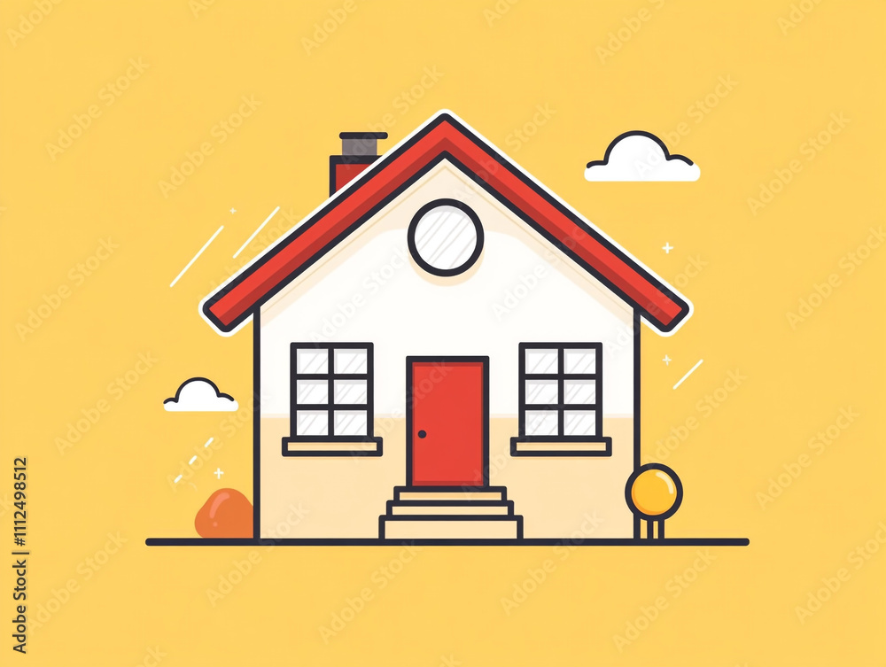 Fototapeta premium A house with a simple door, window and a chimney. The house is situated on a yellow background.