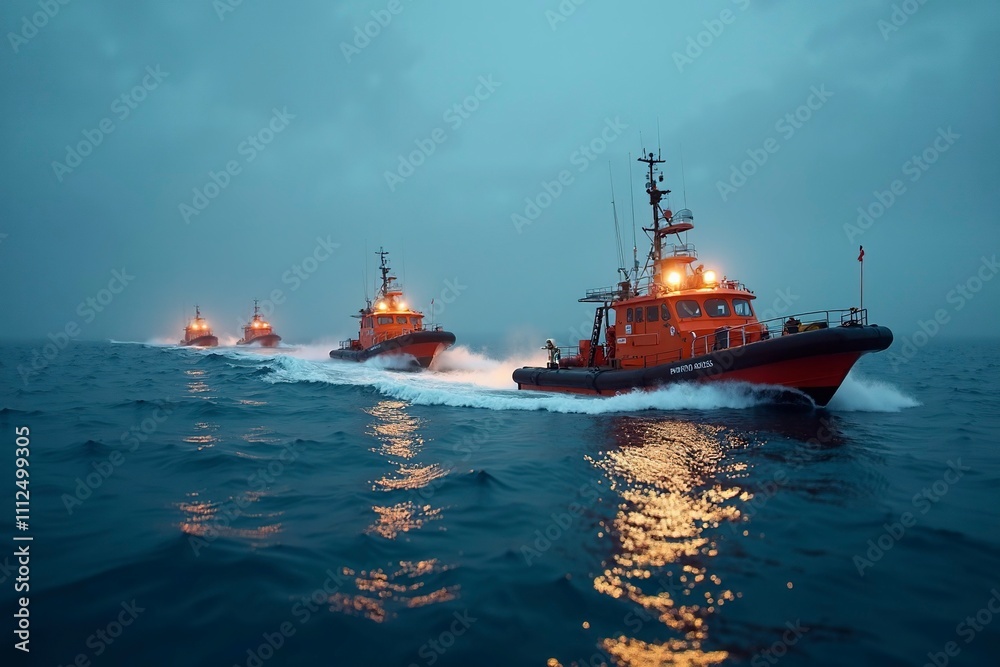 Fototapeta premium Rescue boats navigate through expansive waters, symbolizing hope and determination in the face of vast challenges.