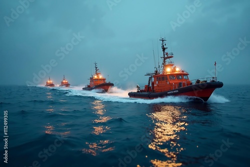 Rescue boats navigate through expansive waters, symbolizing hope and determination in the face of vast challenges.