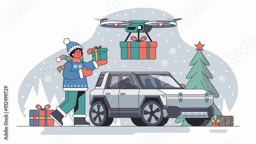 A person dressed in winter attire holding a gift box near a modern EV car, with a drone hovering above carrying another gift, set against a snowy Christmas background.