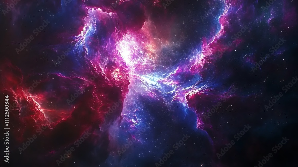 A vibrant nebula with swirling clouds of red purple and blue hues glowing against the dark expanse of space