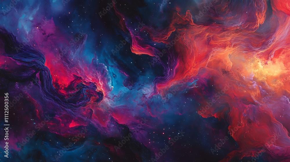 A vibrant nebula with swirling clouds of red purple and blue hues glowing against the dark expanse of space A vibrant nebula with swirling clouds of red purple and blue hues glowing against the dark expanse of space