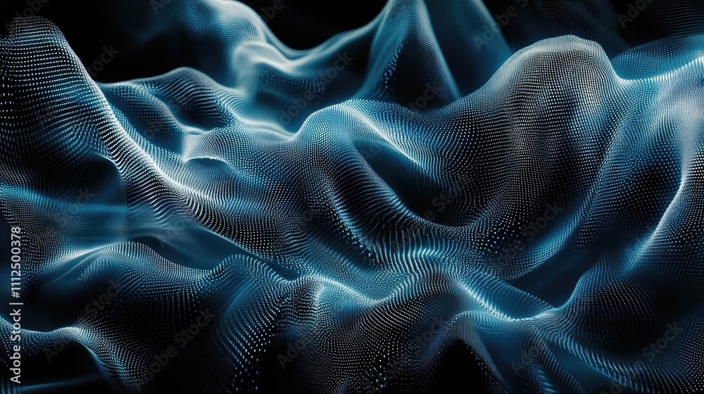 A digital abstraction of pixel dots creating an illusion of waves, moving from dark to light shades, suggesting fluidity in motion