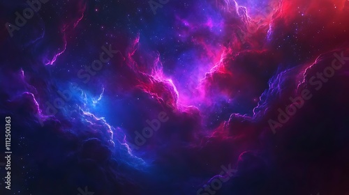 A vibrant nebula with swirling clouds of red purple and blue hues glowing against the dark expanse of space