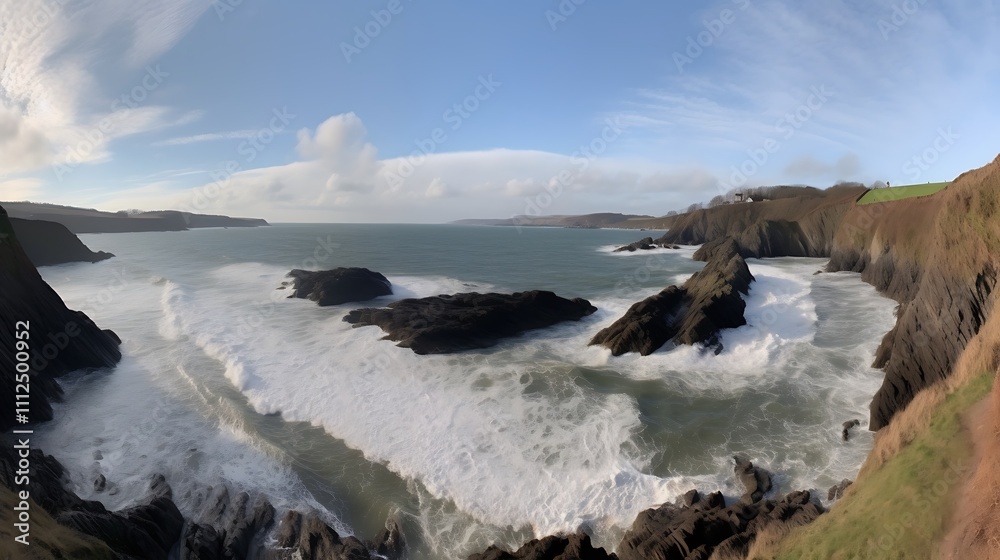 Dramatic Ocean Waves Crashing Against Rugged Coastline Cliffs Dramatic Ocean Waves Crashing Against Rugged Coastline Cliffs