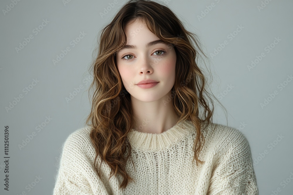 a woman wearing a white colored knit sweater. Generative AI a woman wearing a white colored knit sweater. Generative AI
