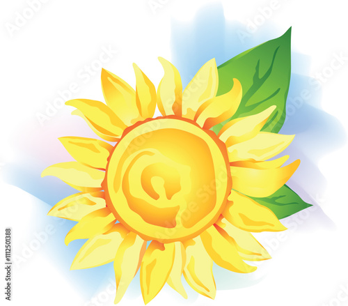 Sunflower wirh green leaf over white