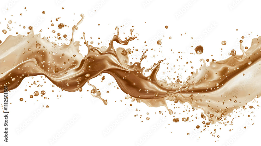 Chocolate milk splash isolated in motion, creamy brown liquid swirl flowing, dairy beverage droplets splashing design Chocolate milk splash isolated in motion, creamy brown liquid swirl flowing, dairy beverage droplets splashing design