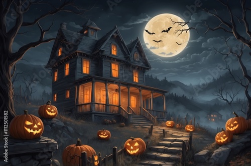 Haunted house glowing in the moonlight at night