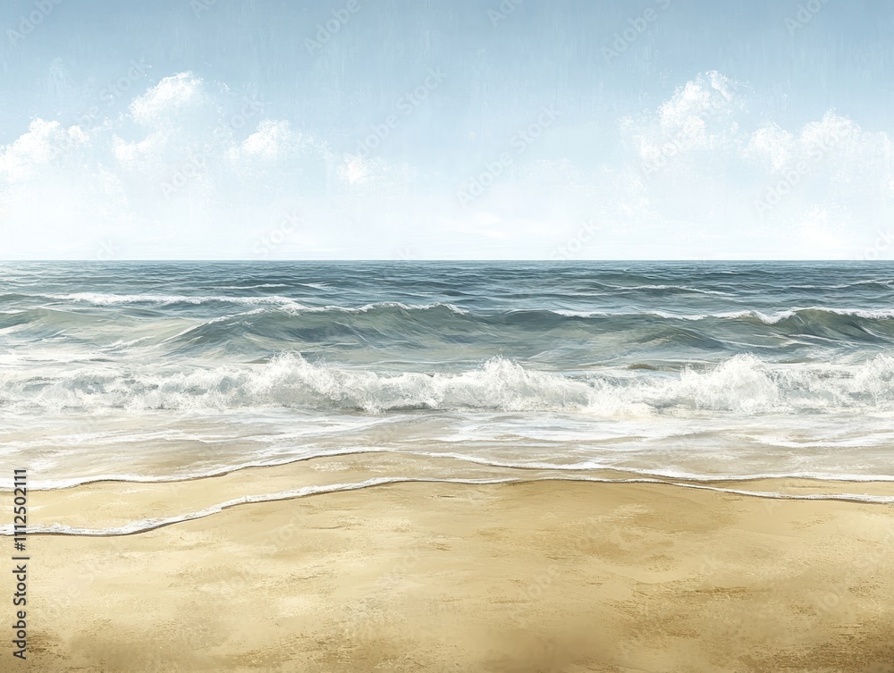 A serene beach scene with gentle waves and a clear blue sky. A serene beach scene with gentle waves and a clear blue sky.