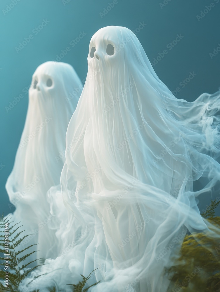 Two white ghosts standing in a field of grass, halloween Two white ghosts standing in a field of grass, halloween