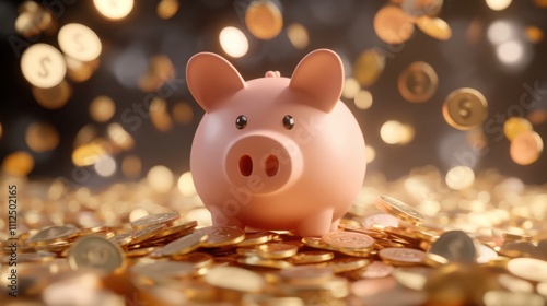 Saving money piggy bank with coins financial savings studio lighting close-up wealth concept