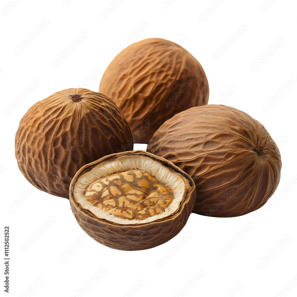 Whole and sliced nutmeg spice closeup isolated, natural aromatic myristica seasoning ingredients, organic culinary spices macro Whole and sliced nutmeg spice closeup isolated, natural aromatic myristica seasoning ingredients, organic culinary spices macro
