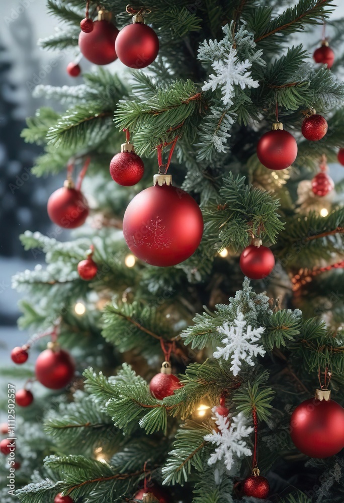 A beautifully decorated Christmas tree with red ornaments and snowflakes in a frosty winter scene, winter, icy, decorations A beautifully decorated Christmas tree with red ornaments and snowflakes in a frosty winter scene, winter, icy, decorations