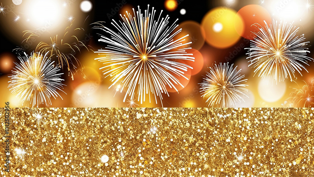 Fototapeta premium Fireworks exploding over a gold glitter background celebrating new year's eve