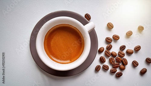 hot espresso and coffee bean on white table with soft-focus and over light in the background. top view