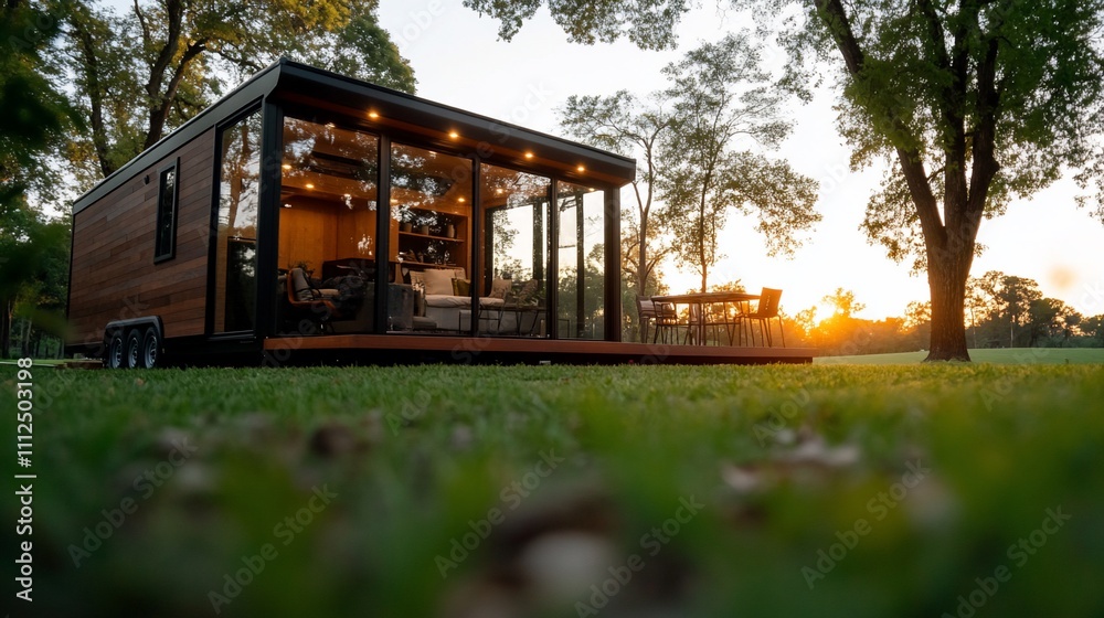 Modern tiny house with large windows at sunset in a green park. Modern tiny house with large windows at sunset in a green park.