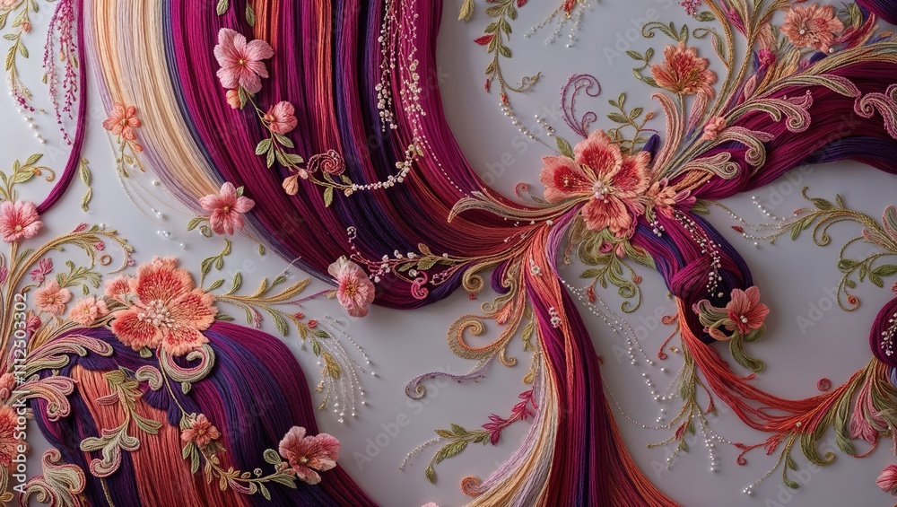 Fototapeta premium Luxurious Thread Embroidery Wall Art with Floral Design on White Background