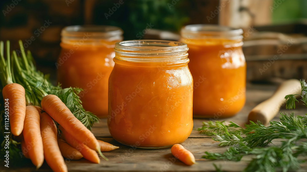 Homemade carrot jam in glass jar closeup, organic orange marmalade preserve, healthy vegetable confiture with spoon composition Homemade carrot jam in glass jar closeup, organic orange marmalade preserve, healthy vegetable confiture with spoon composition