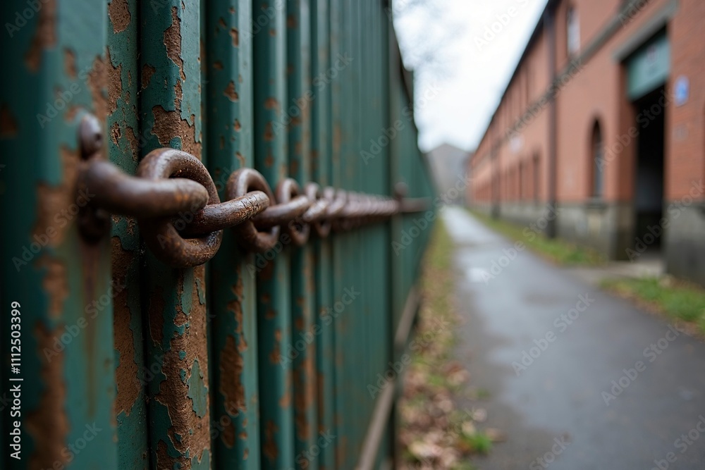 Closed factory gate with chain and padlock, symbolizing the end of an era and the transition to new beginnings. Industrial decline and the shift towards modernization and renewal. Closed factory gate with chain and padlock, symbolizing the end of an era and the transition to new beginnings. Industrial decline and the shift towards modernization and renewal.