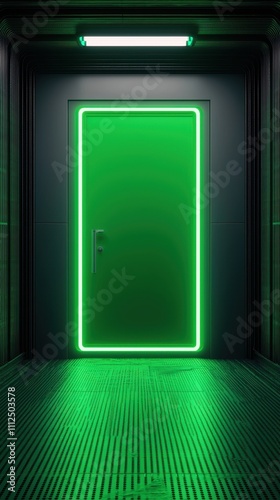 Futuristic Green Door in Dark Corridor with Neon Light Glow