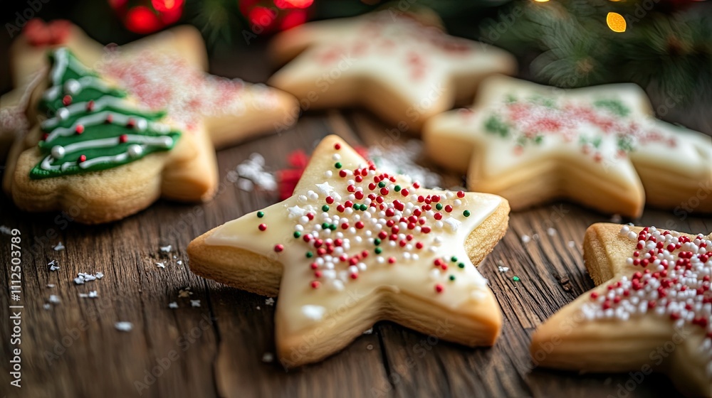 Close-up of Christmas cookies shaped like stars and trees, decorated with icing and sprinkles, placed on a rustic wooden table Close-up of Christmas cookies shaped like stars and trees, decorated with icing and sprinkles, placed on a rustic wooden table